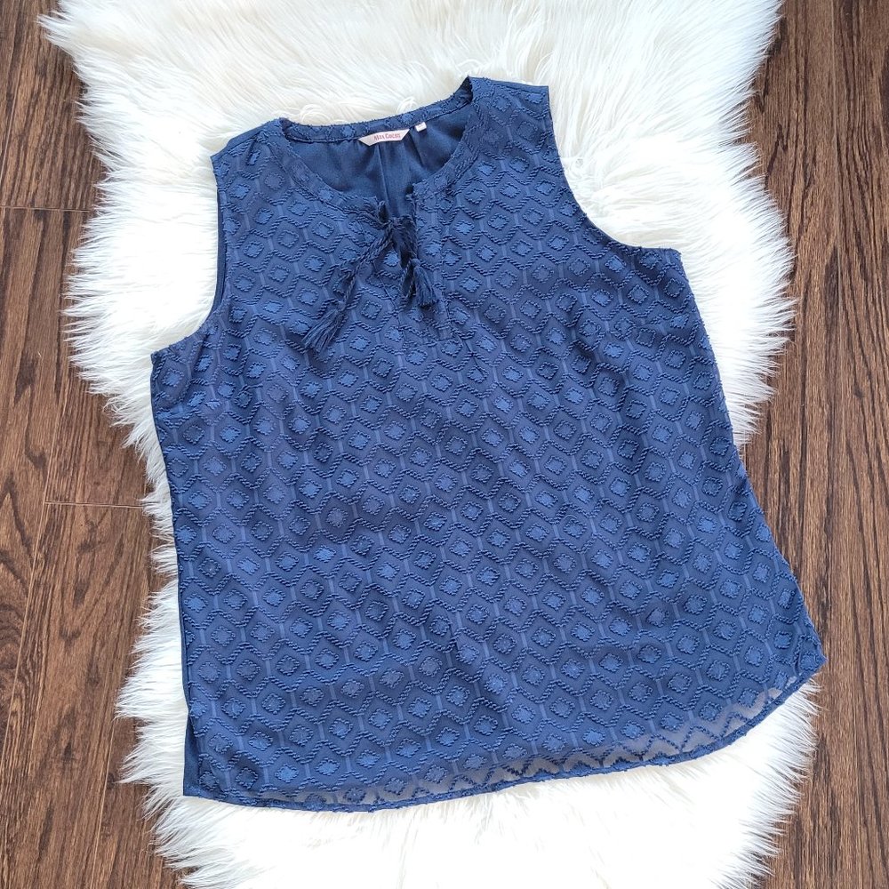 Max Cocos Blue Semi Sheer Layered Diamond Pattern Tank Top Blouse Notch Neck